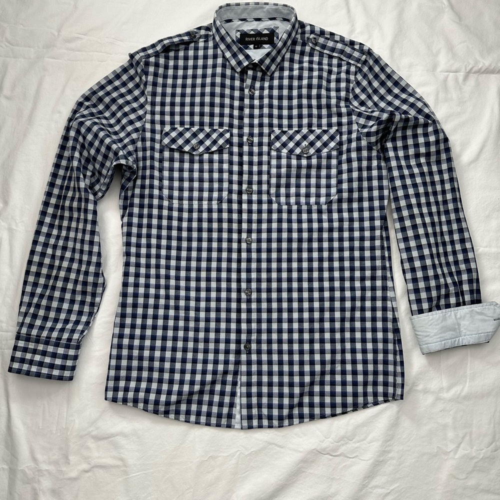 River Island Dress Shirt Mens M Blue White Plaid Long Sleeve Button Up